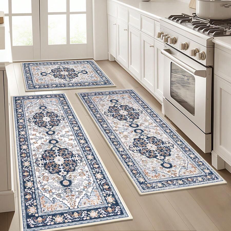 HEBE - Juego de 3 alfombras de cocina con diseño floral, antideslizantes, lavables, para cocina, oficina, fregadero, lavandería, decoración del hogar