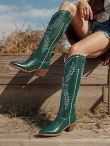Pull On Almond Toe Cowboy Boots For Women, Mid-Calf Chunky Heel With Vintage Western & Embroidered Details, Great For Party Or Holiday Gathering​ - Green - View 2