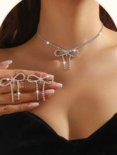 3pcs Rhinestone Crystal Bow Choker Necklace Earrings Sets For Women, Christmas Shining Zirconia Silver Bow Earrings For Brides Wedding Prom Jewelry Statement Accessories Valentines