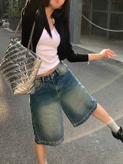 Loose Wide Leg Denim Shorts For Women, Vintage American Casual Daily Wear, Straight Mid-Thigh Length, Summer