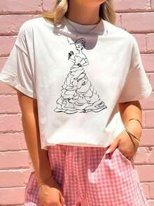 Cartoon Image Short Sleeve Round Neck T-Shirt, Casual And Fashionable Short Sleeve T-Shirt, Micro Elastic, Opaque, Easy Care Material, Perfect For Everyday Wear, Ladies T-Shirt - 白色 - 查看 1