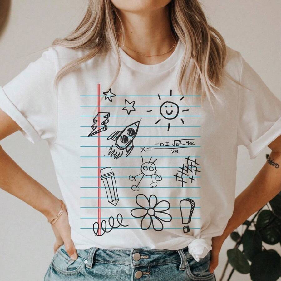 Notebook Doodles Tshirt, Notebook Paper Tee, Back To School Outfit, Kidcore Shirts - 白色 - 查看 1