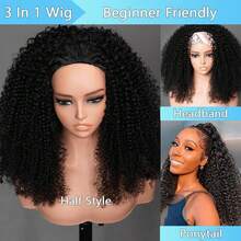 bling hair 14 16 18 20 Inch Kinky Curly Half Wig Human Hair 200% Density Deep Wave Glueless Wigs Human Hair Curly 3 In 1 Half Wigs For Women Drawstring Seamless Flip Headband Wig Beginner Friendly - Natural Black - View 7