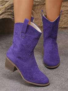 2025新款复古波西米亚刺绣装饰秋冬西部靴，百搭优雅蓝色个性化户外街头风格靴