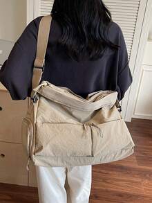 1 件米色 2025 夏季时尚大容量尼龙纯色旅行行李袋，带多个口袋、拉链、手柄、可调节肩带、鞋隔层、学校/大学/健身房/户外使用、可折叠手提包旅行必需品，适合假期旅行包行李箱旅行包女士