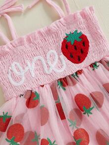 Baby Girl First Birthday Outfit Summer Sleeveless Smocked Fairy Berry One Romper Tulle Dress Baby Girl 1st Birthday Clothes One Year Old Tulle Romper Sleeveless Bodysuit Cake Smash Outfits + Headband - 粉色 - 查看 5