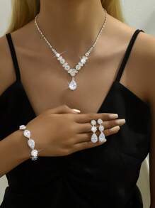 4 pièces/set Bijoux de mariage pour femmes, collier, boucles d'oreilles, bracelet, accessoires élégants, idéal pour Thanksgiving