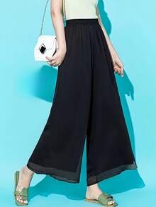 (If You Run Smaller, We Recommend Ordering A Larger Size) 2025 Women's Lightweight Loose Summer Chiffon Pants, Pocketless Design, Comfortable Casual Plus Size Elastic Waistband Fashion Pants, Simple Solid Color, Elegant Temperament, Suitable For Summer Commuting And Outings - Black - View 3
