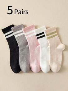 10 piezas/5 piezas Calcetines largos de dos rayas y bloques de color para niños y adolescentes, estilo coreano de primavera y otoño, que absorben la humedad y transpirables