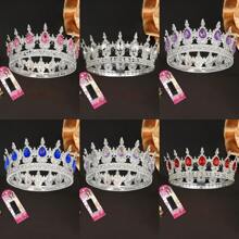 Un conjunto (Corona + 10 pasadores de cabello fijos) de accesorios de corona de novia barroca exquisita y elegante, decorada con brillantes rubíes que irradian lujo. Una excelente corona decorativa adecuada para bodas y fiestas de cumpleaños.