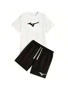 Men's T-Shirt+Shorts Kit TecTel Sports Gym Mizun Training 100% Cotton Round Neck Shirt Fresh Mesh Quick Dry Shorts Rubberized Print Immediate Shipping Full - 白色 - 查看 1