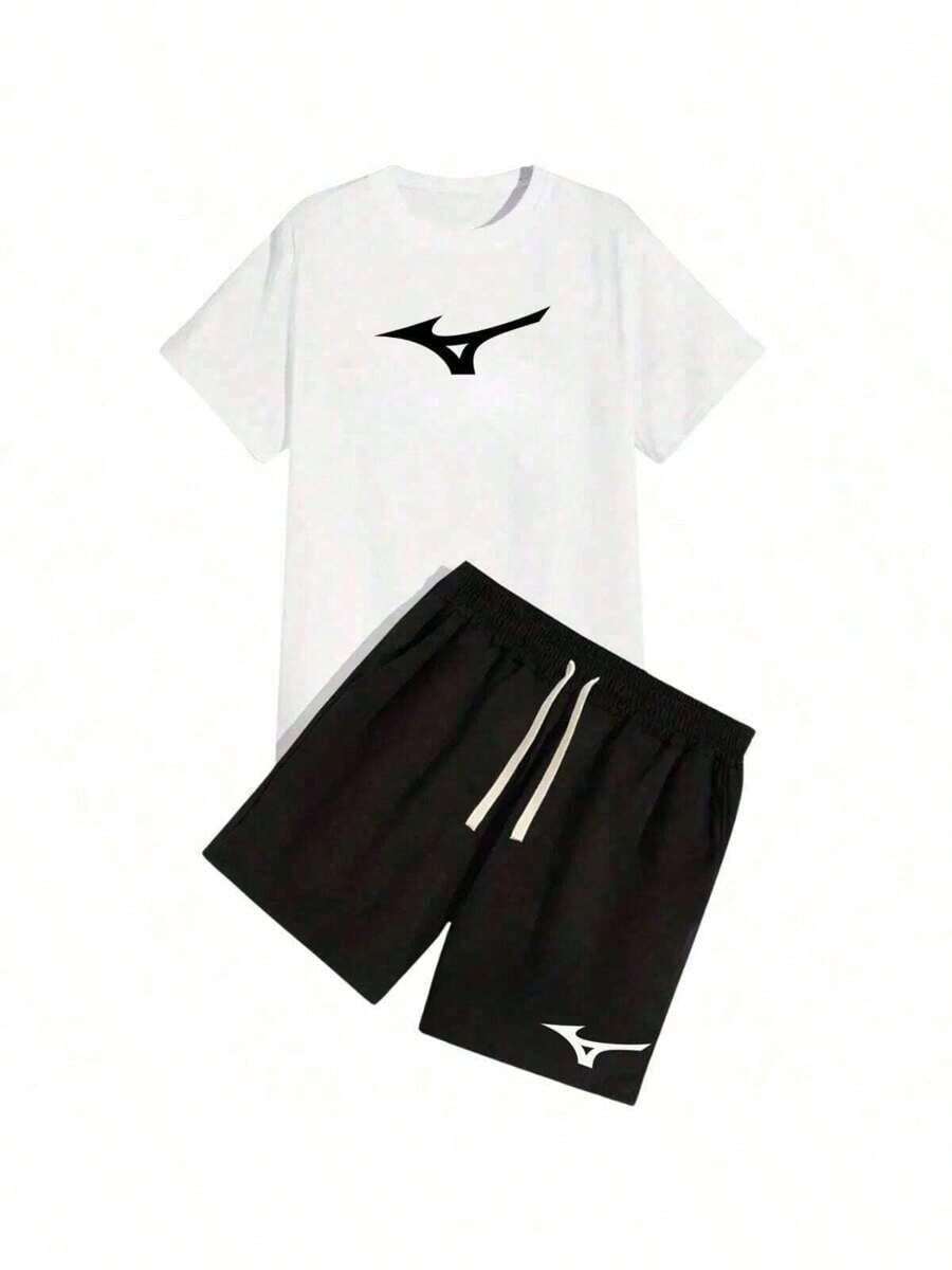 Men's T-Shirt+Shorts Kit TecTel Sports Gym Mizun Training 100% Cotton Round Neck Shirt Fresh Mesh Quick Dry Shorts Rubberized Print Immediate Shipping Full - 白色 - 查看 1