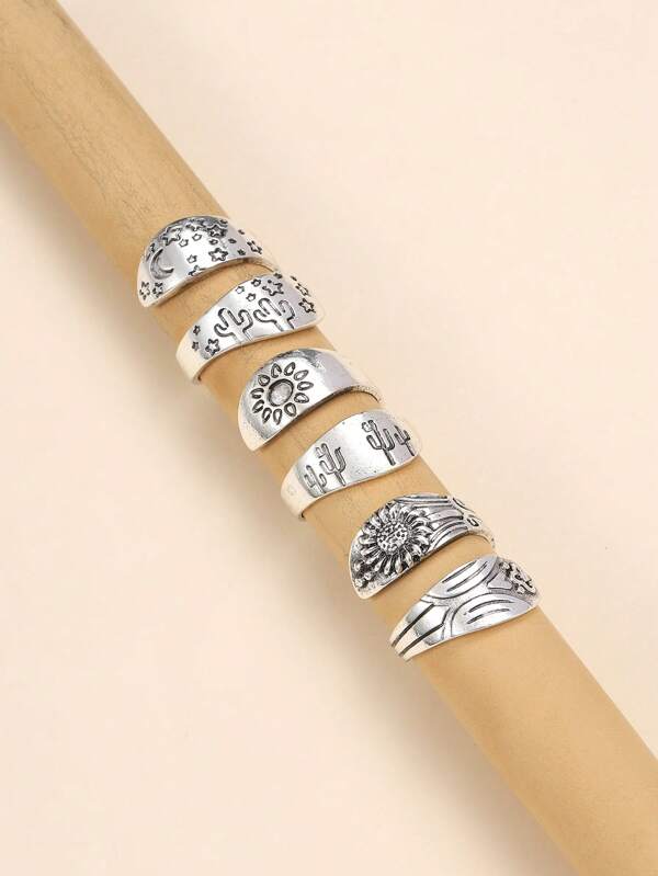 Set de 3 anillos ajustables de aleación con patrón de grabado de cactus, sol y luna en estilo vintage para mujeres, para decoración diaria