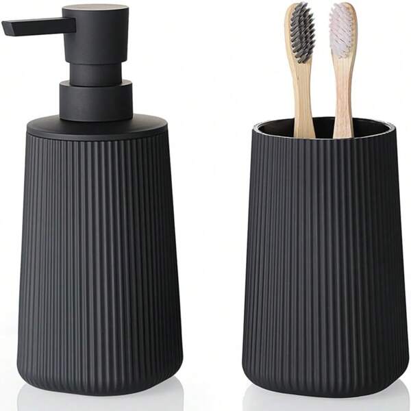 Striped Bathroom Accessories 2 Pieces Soap Dispenser And Toothbrush Holder Set
