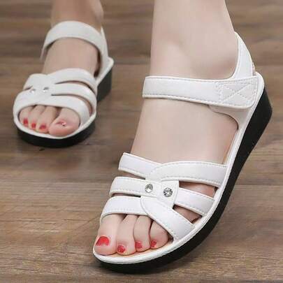 Sandalias de verano para mujer - unicolor casual, diseño hueco transpirable, cierre de , tacón plano, zapatos de playa, sandalias planas multifuncionales | Ajuste cómodo