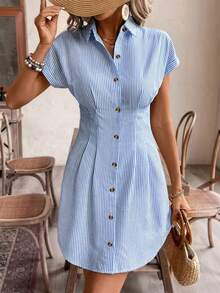 Women Elegant Striped Short Sleeve A-Line Shirt Dress, High Waist Button Casual Office Dress In Light Pink Color, Comfortable Polyester Fabric, French Style, Casual Shirt Dress, High Waist, Office Dress, Elegant Style, All-Season Solid Color Striped Casual Button Fabric Pleated Decor