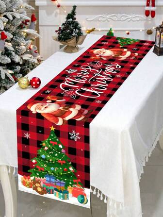 1pc 35*180cm/13.78*70.87inch Christmas Tablecloth, Red & Black Plaid Santa Pattern Decorative Long Table Cover, Christmas Tree & Gift Elements, Suitable For Holiday Family Gathering And Christmas Party Decoration