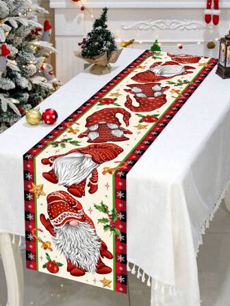 1pc 35*180cm/13.78*70.87inch Christmas Tablecloth, Cute Christmas Gnome Pattern, Red And Black Plaid Trim, Holiday Decoration Fabric For Family Gathering, Christmas Party, Dining Table Cover