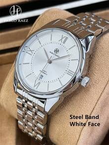 PABLO RAEZ 1pc Original Men's Watch, Stainless Steel Vintage Luxury Charming Business Accessory, 50M Waterproof AAA Watches, Simple Jewelry Calendar Clock, Men's Solid Metal Steel Bracelet Chain, Silver Black Dial With Date, Brand New Casual Fashion Quartz Watch, Men's Steel Roman Numerals And Bar Black High-End Business Watch, Daily Use, Teacher Gift, Time, Father Or Male Friend Birthday Graduation Wedding Gift - Silver - View 14