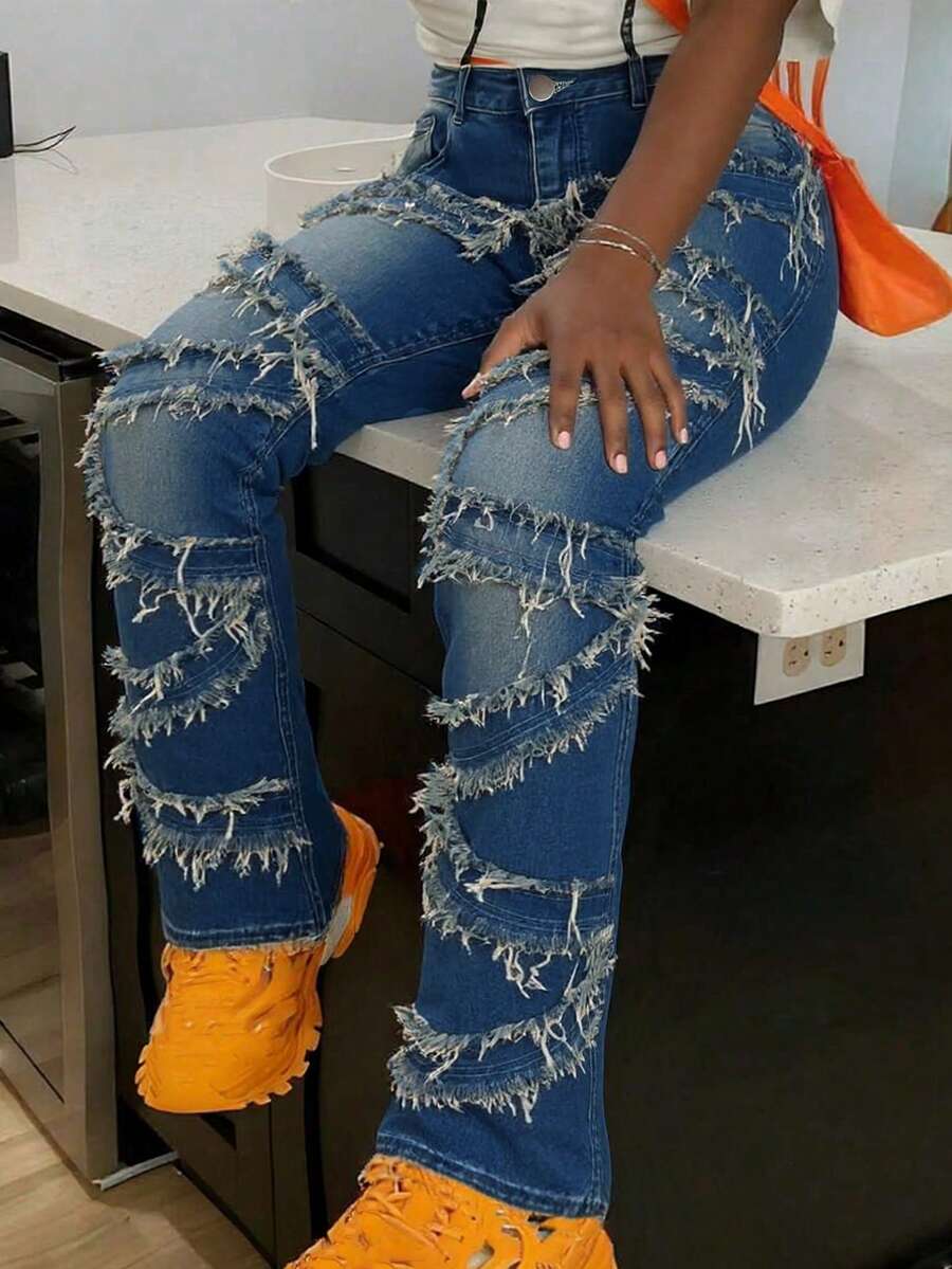 Women's Y2K High-Waisted Skinny Jeans - Washed Denim With Contrast Topstitching, Spring/Summer - Blue - View 1