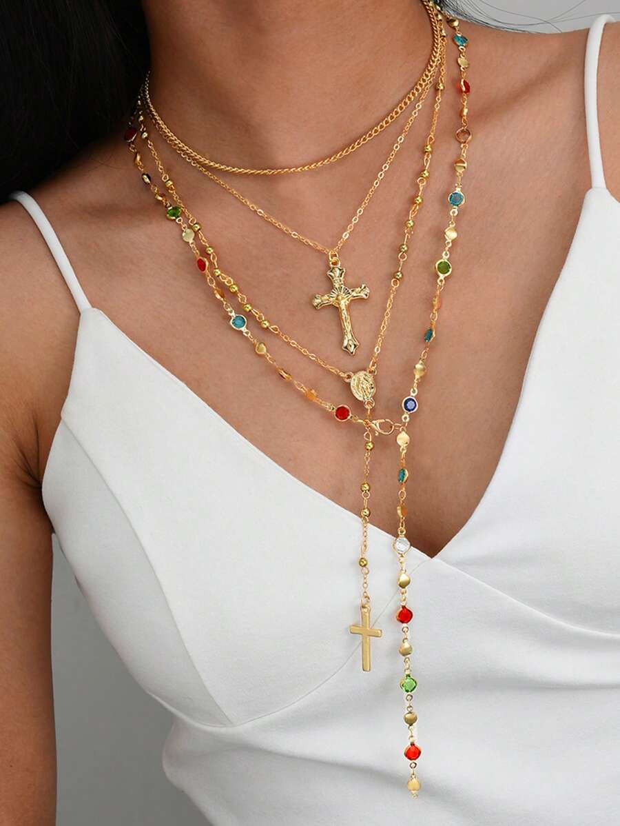 4pcs/Set Layered Summer Bohemian Cross & Virgin Mary Beaded Necklace, Suitable For Vacation, Prayer, Baptism Wearing