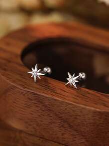 1pair S999 Sterling Silver Cubic Zirconia Eight-pointed Star Design Symmetric Earrings For Women