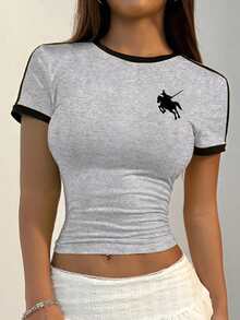 Women's Fitted Round Neck Printed Striped Short Sleeve T-Shirt, Contrast Color Pattern Casual Summer - Gray 17# - View 3
