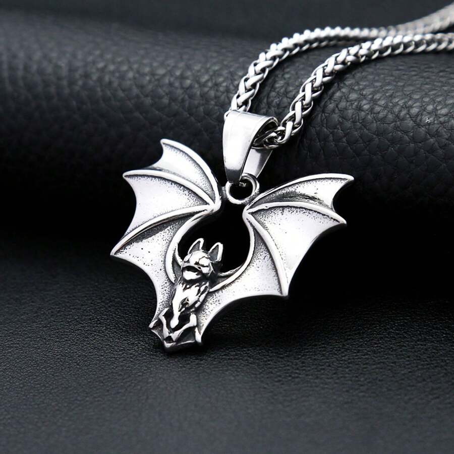 1pc Stainless Steel Punk Style Bat Pendant With 60cm Chain Necklace, Unisex Everyday Wear