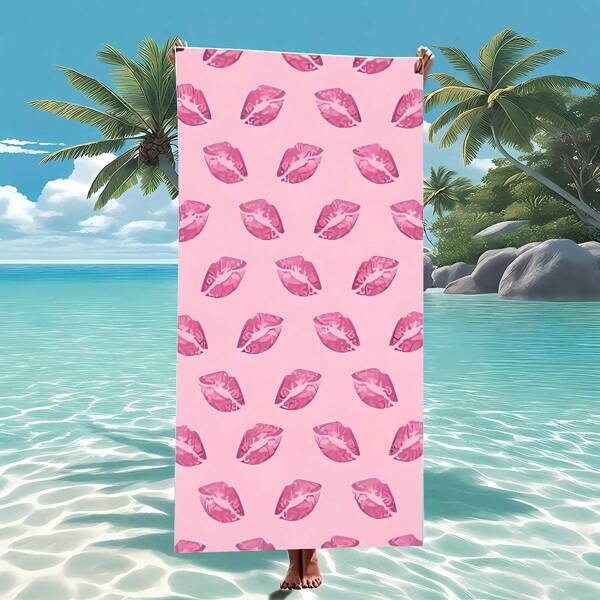 1 pieza Toalla de playa con estampado vibrante de labios rosas - Ultra suave y de secado rápido de poliéster, perfecta para relajarse junto a la piscina y diversión en la playa, lavable a máquina