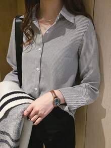 Versátil camisa a rayas mujeres diseño sentido nicho luz superior suelta camisa - Negro - Ver 1