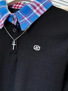 Women's Polo Collar Mock Layer Plaid Patchwork Long Sleeve T-Shirt, Stylish Fitted Slim Fit Long Sleeve Top