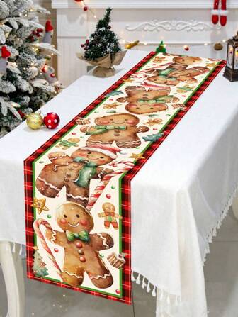 1pc 35*180cm/13.78*70.87inch Christmas Gingerbread Man Tablecloth, Plaid Edged Cartoon Cute Tablecloth, Suitable For Christmas Family Gathering Dining Table Cover, Christmas Party Holiday Tabletop Decor