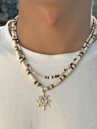 2pcs Coconut Shell Beaded Necklace, Layered Sun Pendant Choker Necklace For Men And Women, High-End Streetwear, Daily Summer Style, Couples Necklace