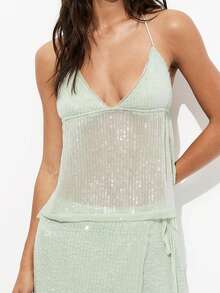 Women Sequin Halter Top Deep V Neck Sleeveless Backless Tie Up Tank Tops Y2K Sparkle Glitter Mesh See Through Camisole Party Rave Tops Streetwear - màu xanh lá - Xem 2