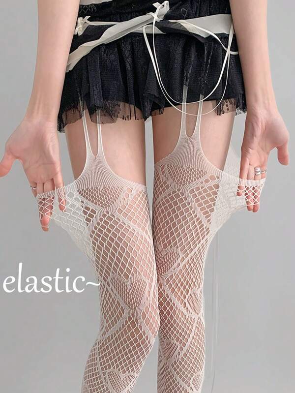 1 Pair, Sweet And Cool Heart-Shaped Garter Stockings, Heart Mesh Garter Stockings, Sexy White Fishnet Stockings, Hollow Over-The-Knee, One-Piece Pantyhose, Cute Leg Stockings, Festival Accessories, Music Festival, Couple Date Dress Up Leg Stockings