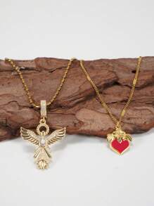 2pcs Fashionable Personalized Angelic Red Heart Multilayer Pendant Necklace, Gift For Women