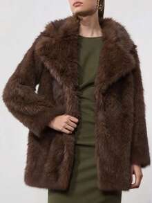 Women's Regular Sleeve Faux Fur Coat, Fluffy, Warm, With Collar Long Sleeve Design