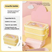 Tupperware Doble Capa Creativa con Cubiertos, Estilo Cartoon, Rectangular, Fácil de Llevar, para Almuerzo, Gran Capacidad - Amarillo - Ver 3