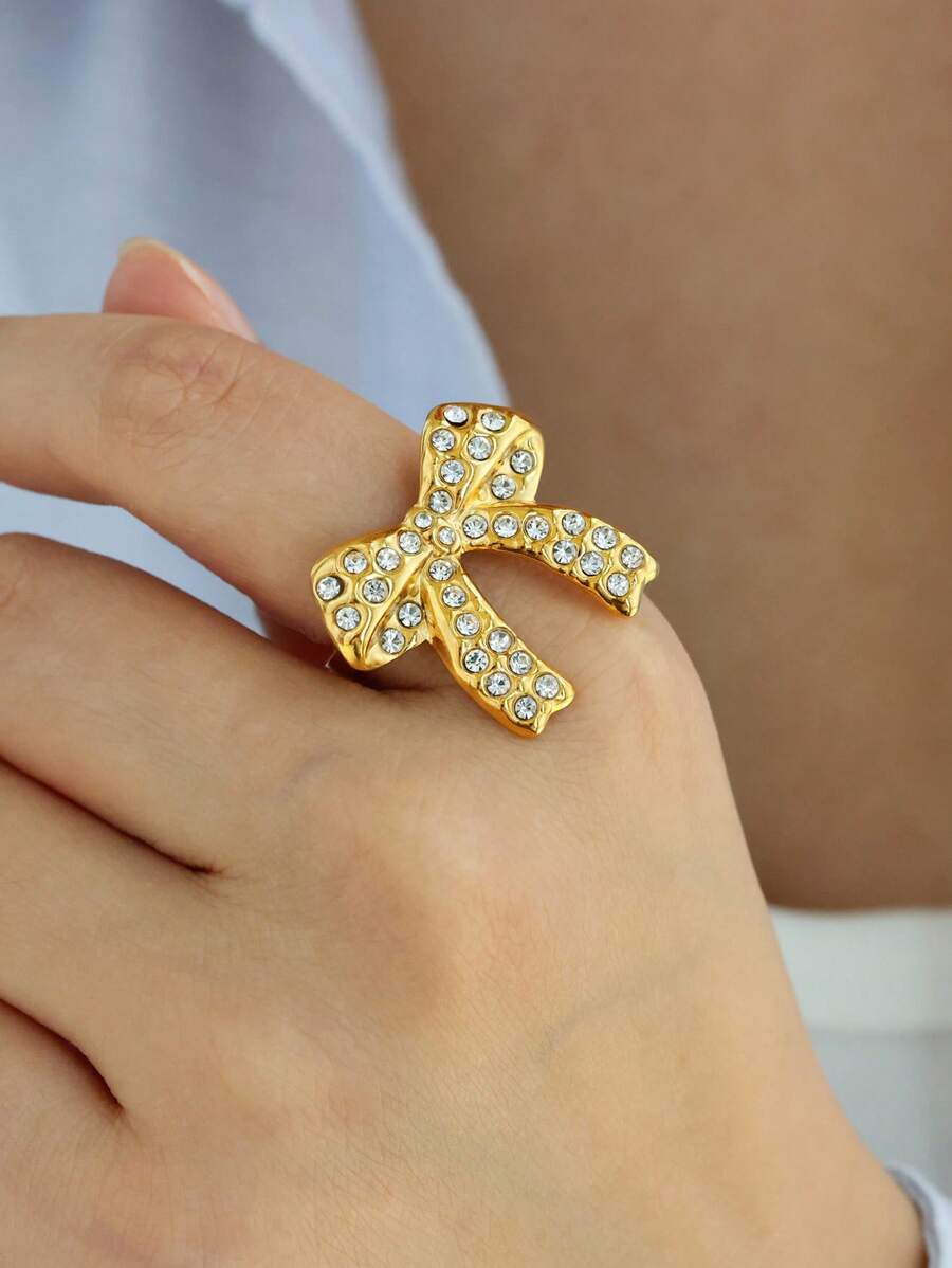 1 pieza Anillo de lazo fino para mujer, anillo de lazo con diamante de circonita cúbica, anillo abierto de acero inoxidable, joyería de moda para damas, regalo para ella, regalo de cumpleaños
