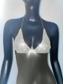 Y2K Women's Metal Rhinestone Bralette, Sexy Sheer Glitter, Suitable For Bar Party Carnival, Club Wear For Rave