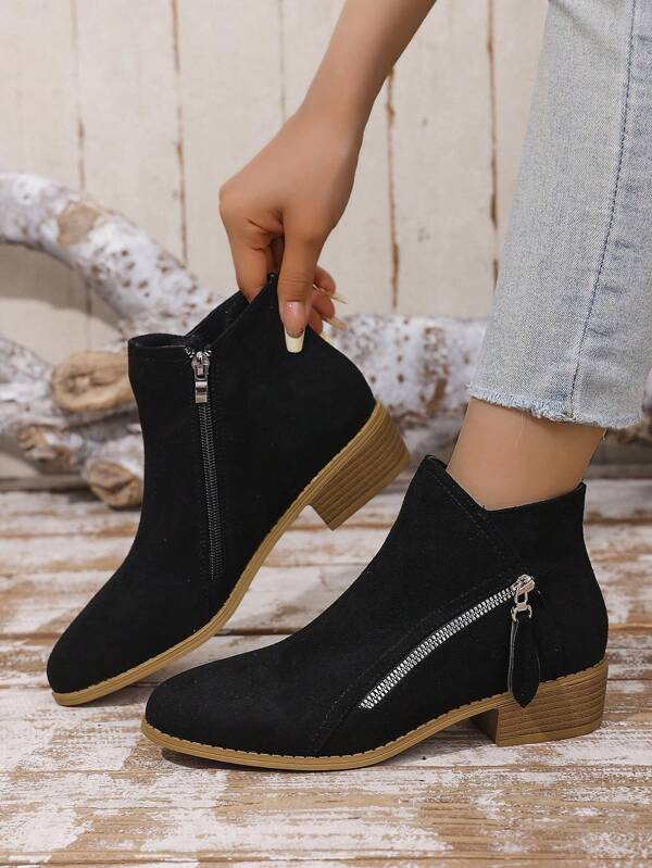 Damen neue Stiefel mit dickem Absatz und spitzer Zehenkappe, Western-Stiefel, schwarze Kurzstiefel