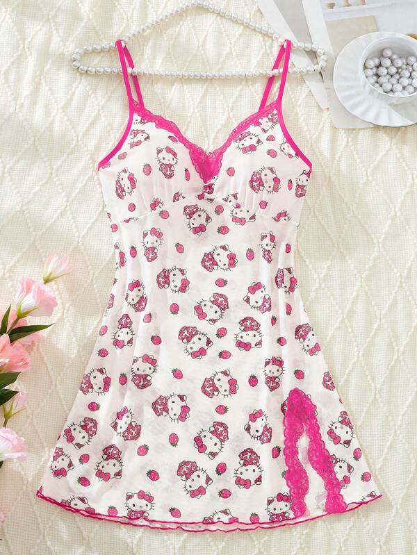 Sanrio 1 pieza Prenda interior sexy de estilo babydoll con estampado digital de Hello Kitty rosa y blanco con fresas, cuello en V, encaje de contraste, abertura lateral, borde de lechuga, malla transparente y espalda descubierta para mujer