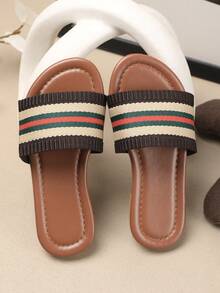 1 Pair Children Summer Woven Striped Open Toe Casual Sandals, Fashionable Flat Beach Shoes For Boys And Girls, Suitable For Daily Wear, Holiday And Travel