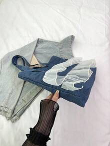 极简风格毛边字母设计牛仔帆布托特包，纯色大容量单肩包，适合女性日常使用，上班通勤书包，返校背包，经典休闲，轻便，便携，行李带设计，适合少女女大学生，非常适合返校、大学、初中、高中、开学第一天，女士西式钱包