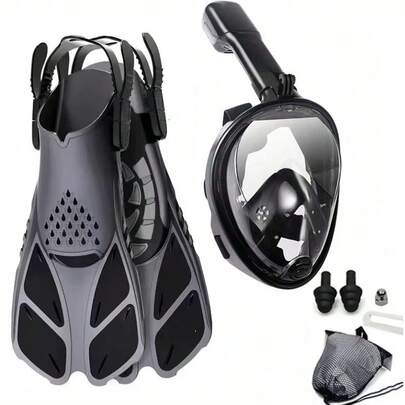1 Set 180° Diving Mask And Snorkeling Fins, Sea View 180 V3 Full Face Snorkel Mask - V3 Is The Perfect Equipment For Adult Snorkeling. This Snorkel Mask Provides A 180° Panoramic View And 600% More Breathing Airflow With The Patented Flowtech Air Intake For Underwater Snorkeling.