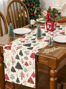 1pc 35*180cm/13.78*70.87inch Christmas Tablecloth, Minimalist Nordic Style Christmas Tree Pattern Tablecloth, Oblong Tablecloth Suitable For Holiday Decoration, Winter Dining Table Setting, Natural Theme Christmas Party Table Decor