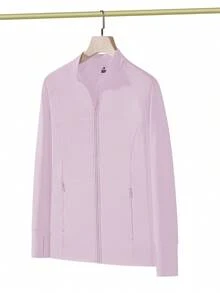 Áo khoác mùa hè cỡ lớn dành cho nữ, chống tia UV UPF 50+, thoáng khí, có túi, cổ đứng, bảo vệ da khỏi ánh nắng mặt trời, nhẹ và thoáng khí, thích hợp mặc ngoài trời. Áo khoác mùa xuân - Màu Hồng baby - Xem 2