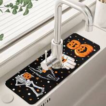 1 Stück Halloween Themen Küchen- & Badezimmer Saugfähige Matte - Kürbiskopf, Schädel und Geist Design, Armaturensplitterschutz und Abflussablage, hergestellt aus schnell trocknendem Diatomeenerde, Badezimmer Deko Matte | Verspieltes Design | Schnell trocknendes Material