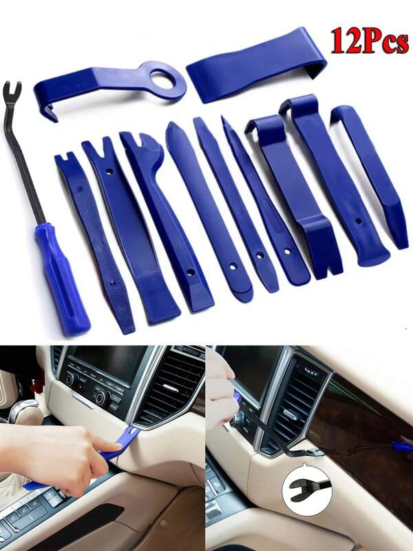 12 pièces Ensemble d'outils de dépose d'intérieur de voiture - Comprend un démonte-panneau, un outil de déverrouillage de porte et une tige audio, en plastique durable aux bords lisses, conception anti-rayures, convient à tous les modèles de voitures, essentiel pour les bricoleurs et les ateliers de réparation automobile, outil de dépose de garniture en plastique, clips