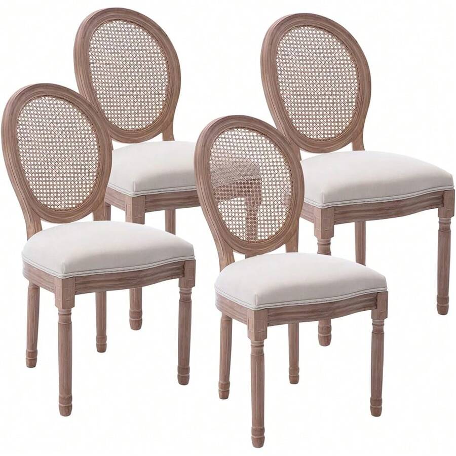 French Country Dining Chairs Set Of 4, Farmhouse Dining Chairs With Round Backrest, Upholstered Rattan Dining Chair With Solid